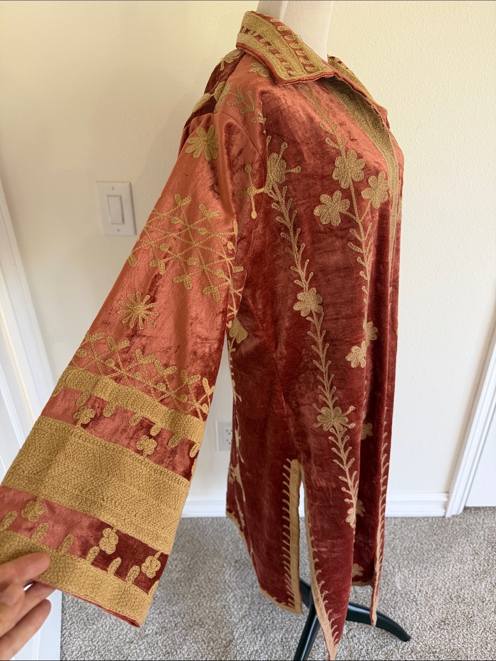 Embroidered Velvet Kimono Coat, Boho Floral Jacket - Picture 3 of 5